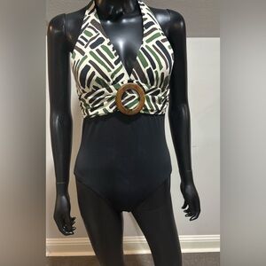 La Blanca by Rod Beattie one piece halter swimsuit sz 8 black olive green wood